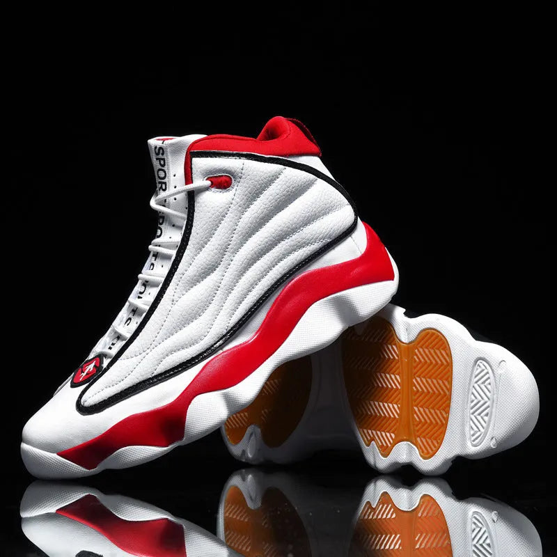 Men's high-top basketball shoes with mesh upper and rubber sole in AJ13 colour options