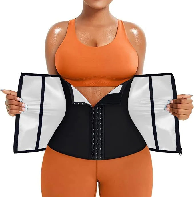 Adjustable neoprene abdominal girdle waist belt shown in blue and silver colour options.