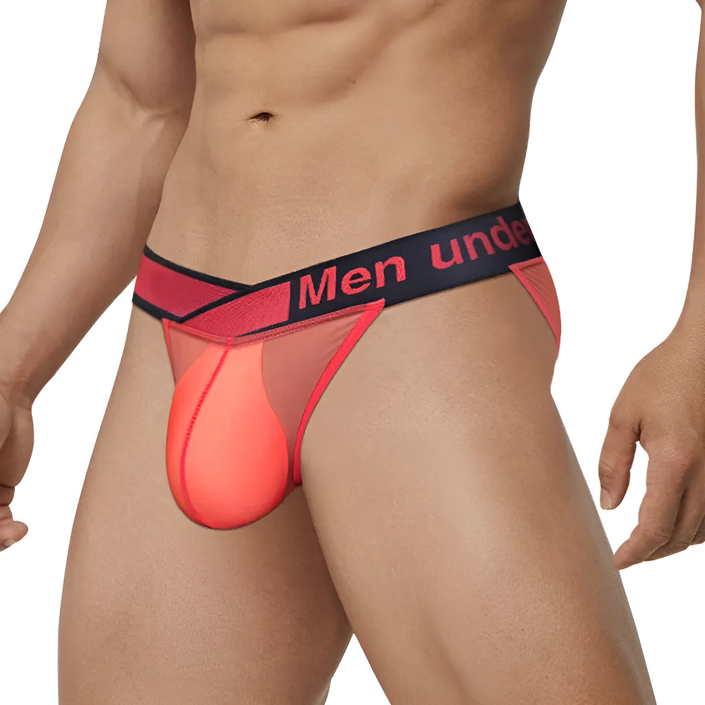 Men's transparent ice silk underwear with V gradient design in black, red, and white colours