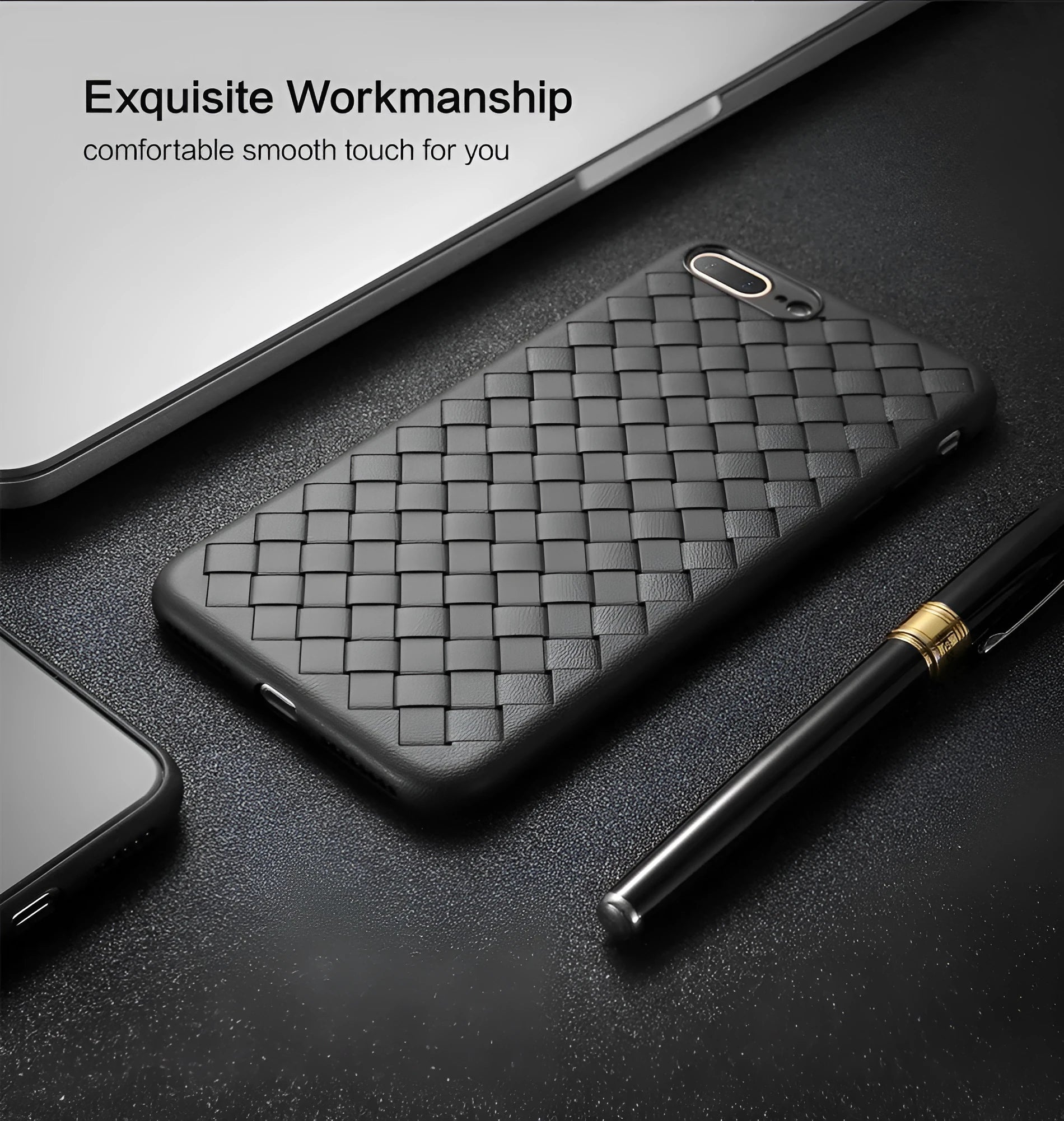 Luxury grid weaving phone case in black showing hollow cooling pattern and raised screen protection lips