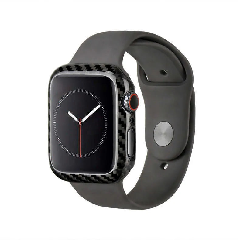 Apple Watch Series 4 44mm case in black carbon fibre leather design, showing ultra-thin half-wrap profile