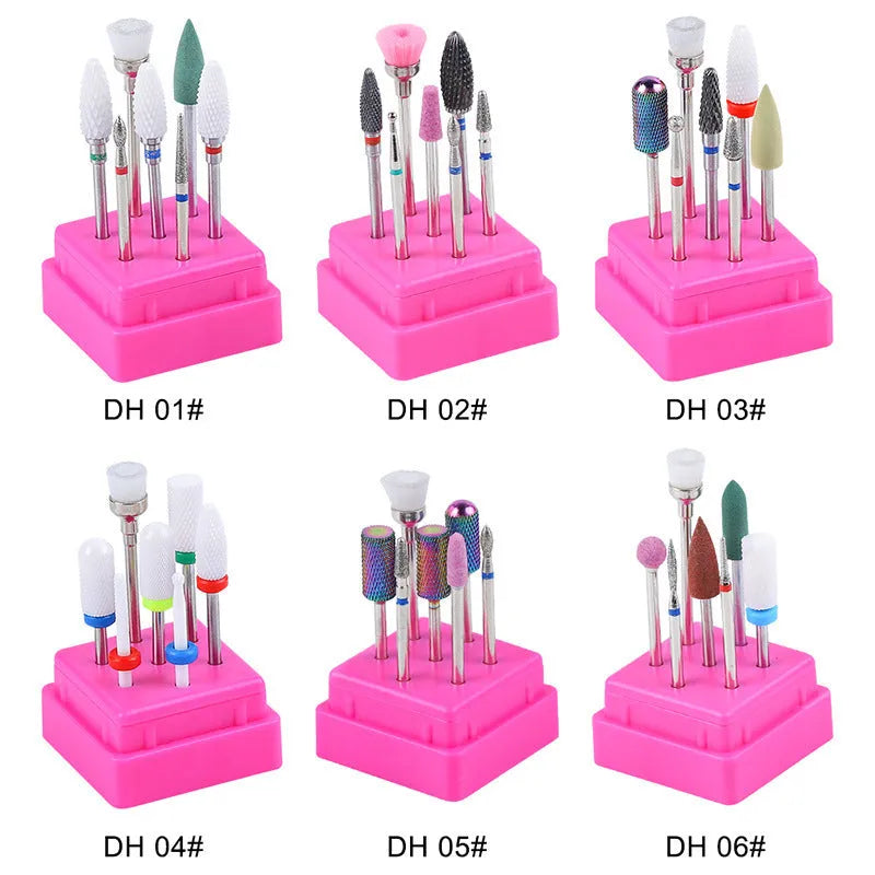 Seven piece tungsten steel alloy nail polishing head drill bit set with transparent storage case for manicure and pedicure.