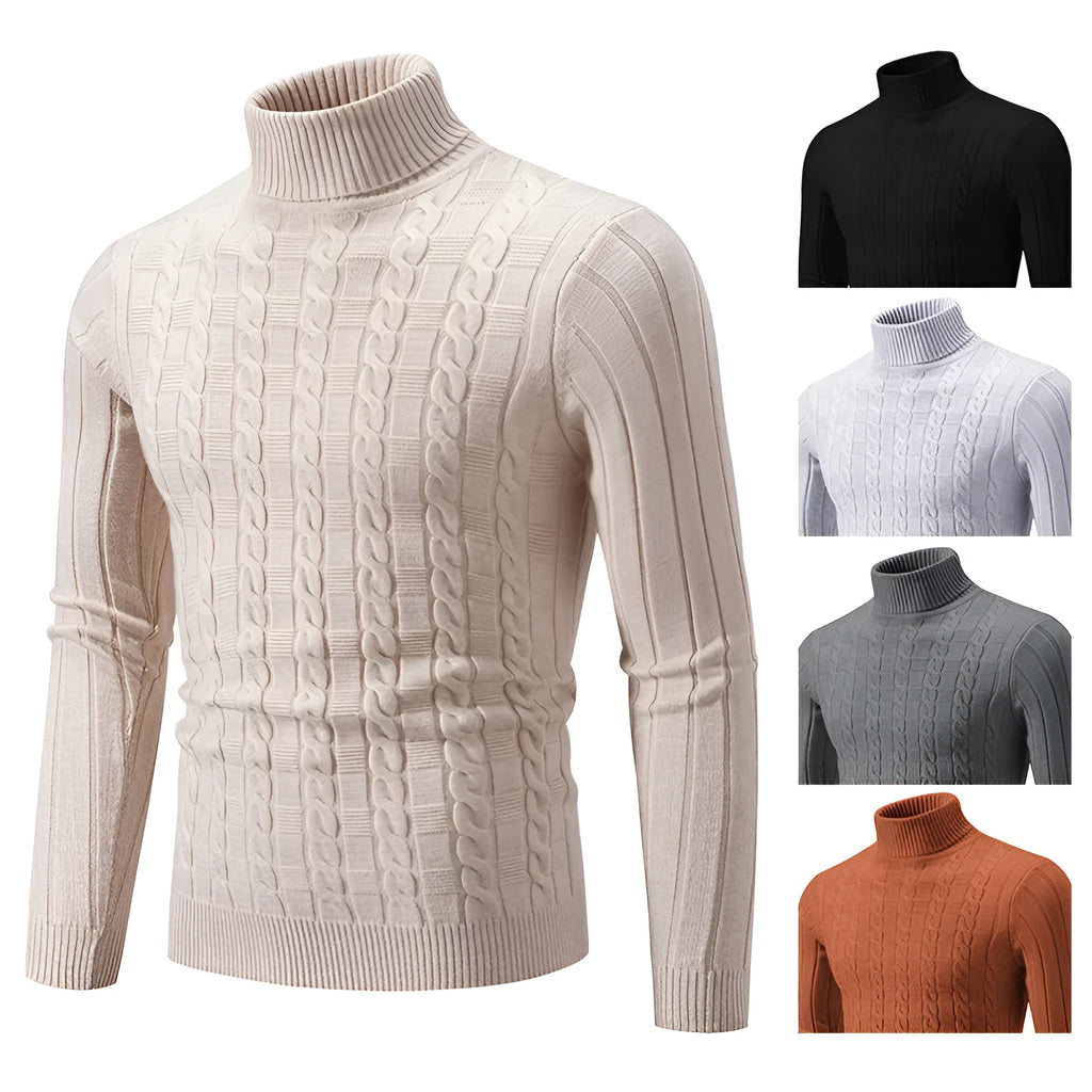 Men's slim-fit twist design turtleneck pullover sweater in chenille fabric.