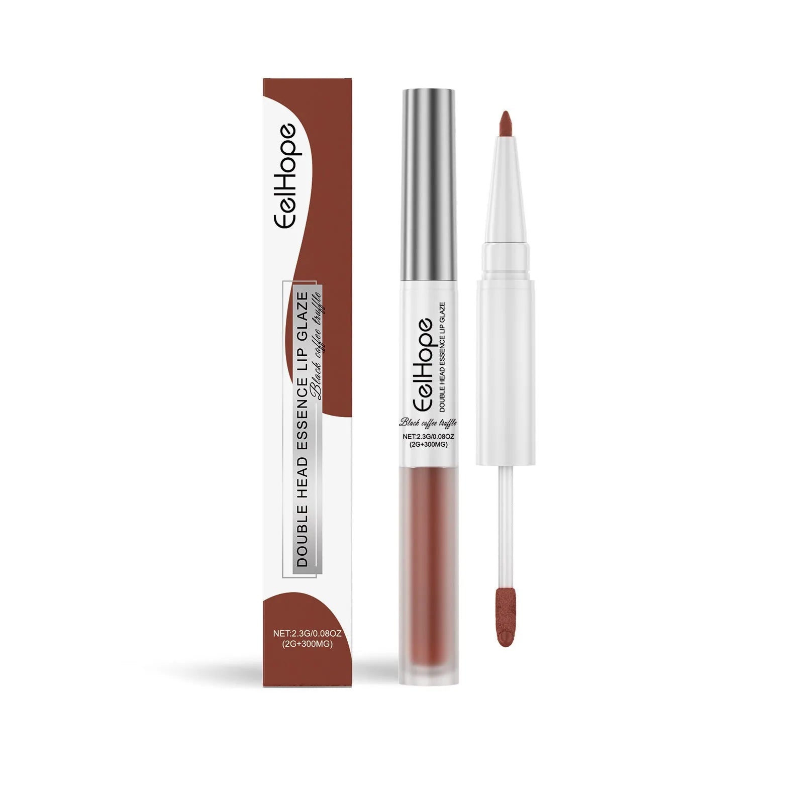 Double-headed lip makeup pen with lip liner pencil on one end and liquid lip lacquer pen on the other.