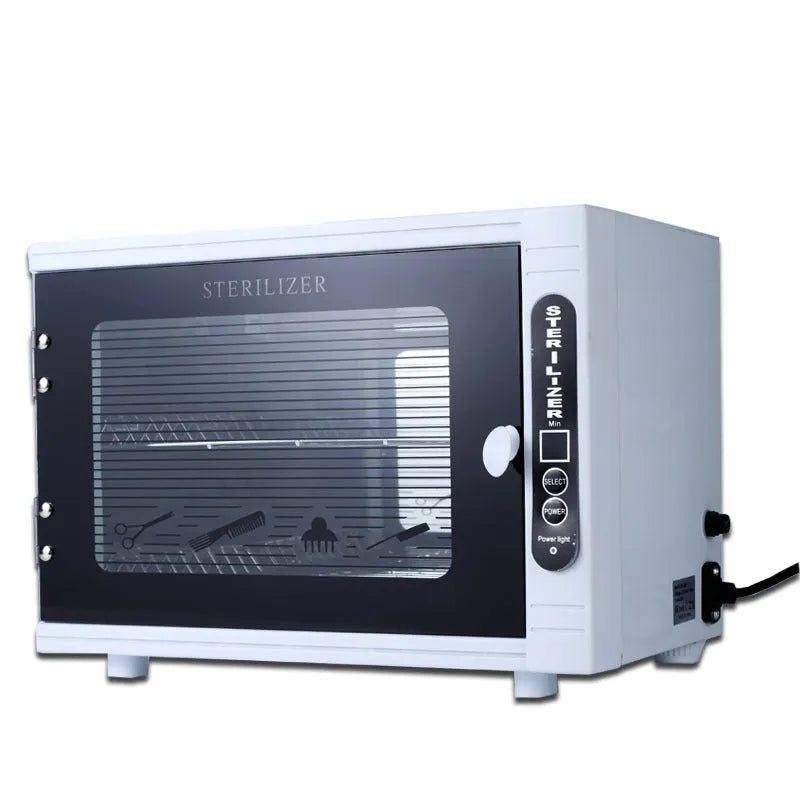 Small silver ultraviolet sterilizer with stainless steel chamber for salon tool hygiene.