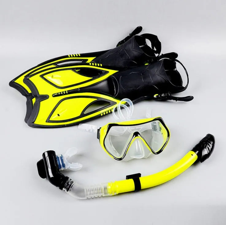Snorkeling set with full dry snorkel, silicone goggles, and ankle fins in black