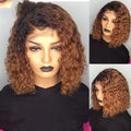 Burgundy gradient real human hair lace front short bob wig with slanted bangs