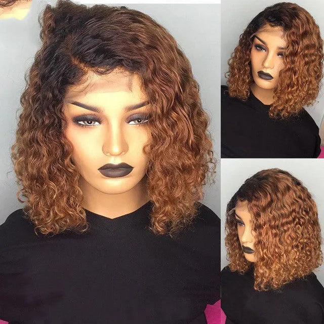 Burgundy gradient real human hair lace front short bob wig with slanted bangs