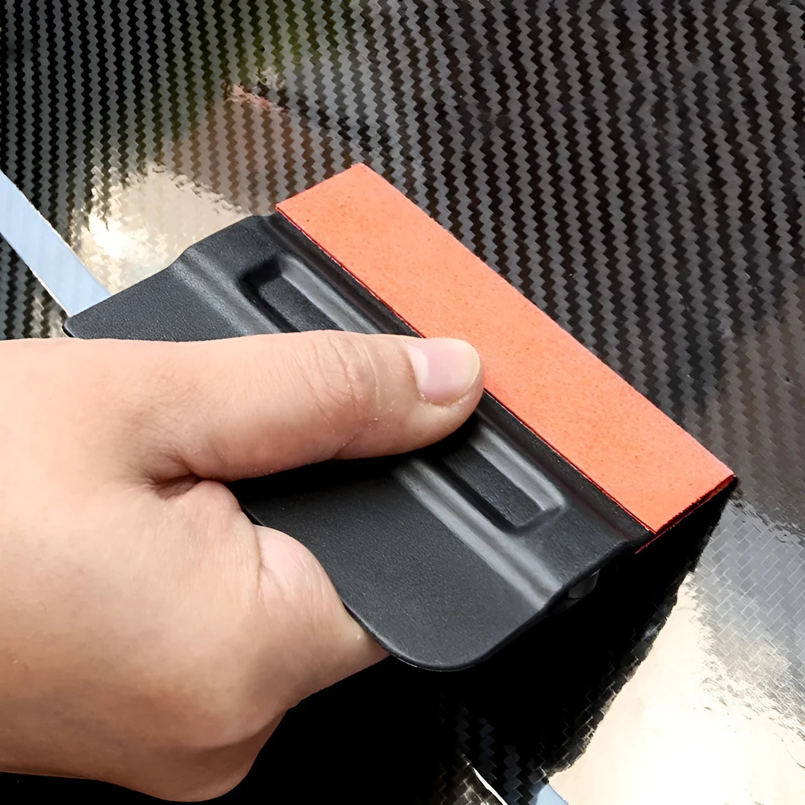 Car vinyl wrap scraper tool with ABS plastic handle and a choice of deerskin or wool pad.