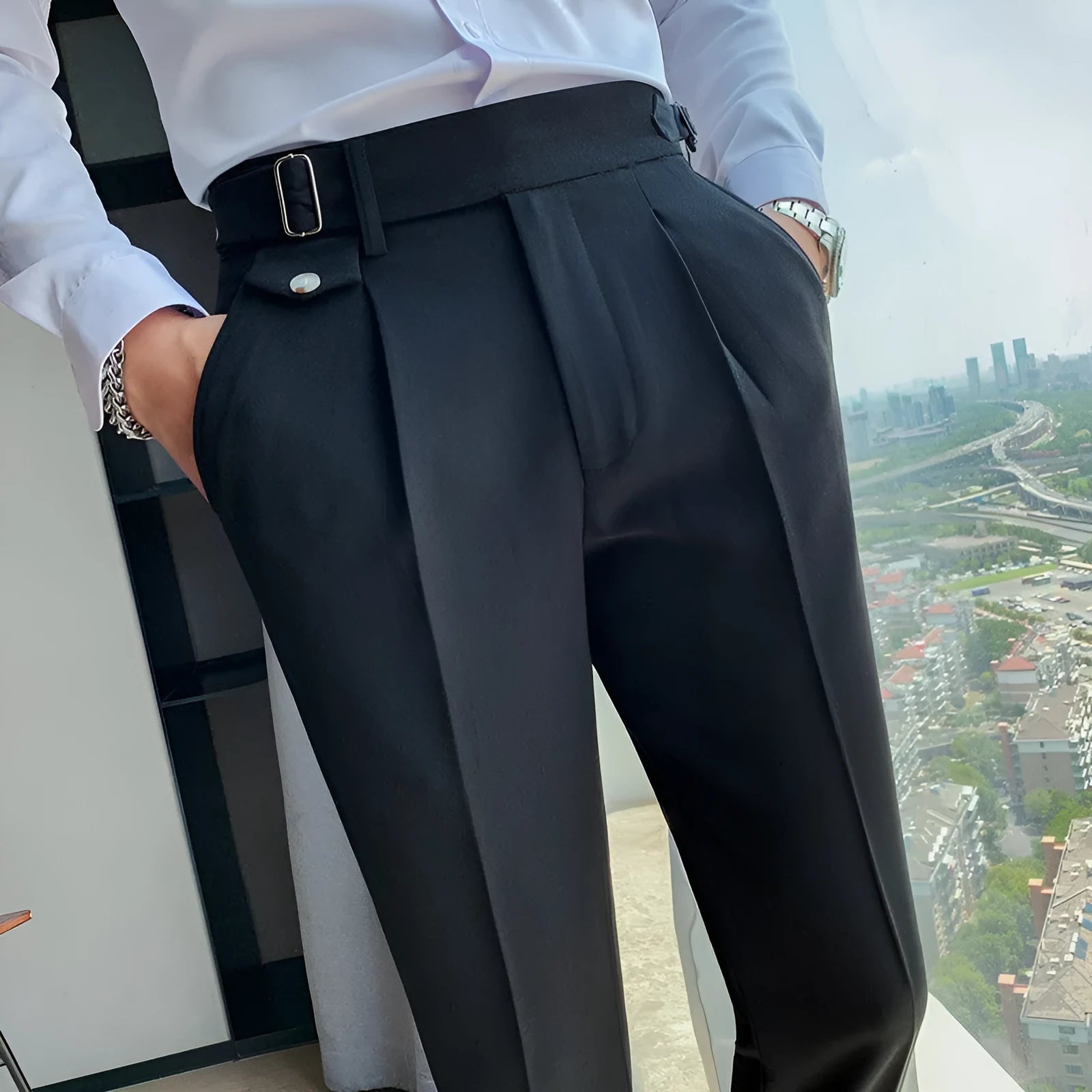 Straight-leg casual trousers in solid colours with polyester composition and Asian sizing options
