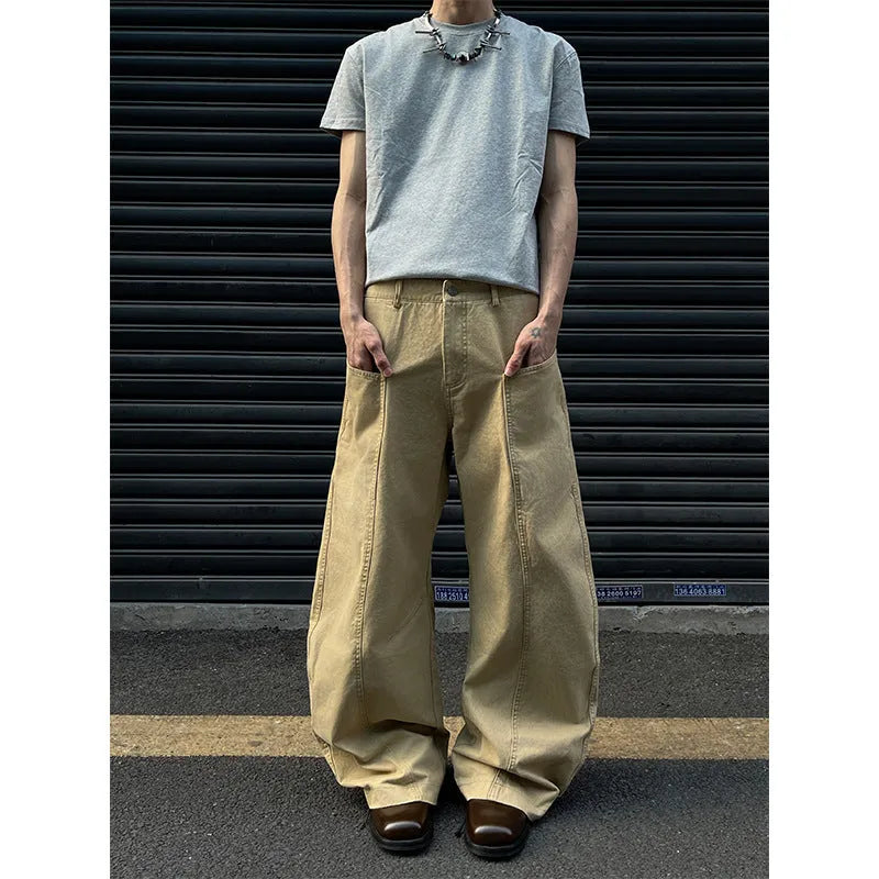 Men's khaki cotton straight-leg trousers with American retro styling laid flat