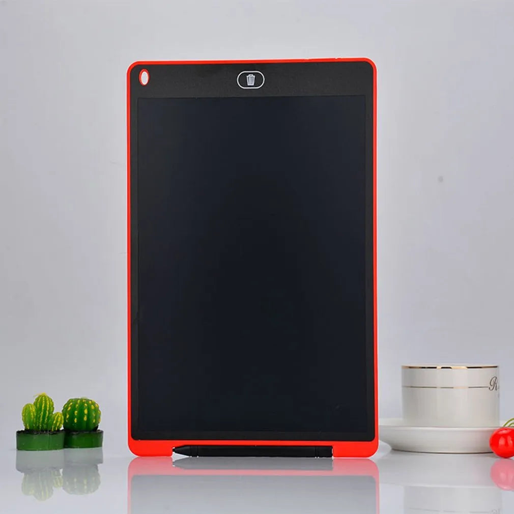 LCD electronic handwriting board for children showing 8.5 inch and 12 inch size options in black, blue, green, red.