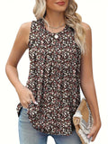 Black floral print plus size sleeveless vest on hanger showing loose fit and round neckline