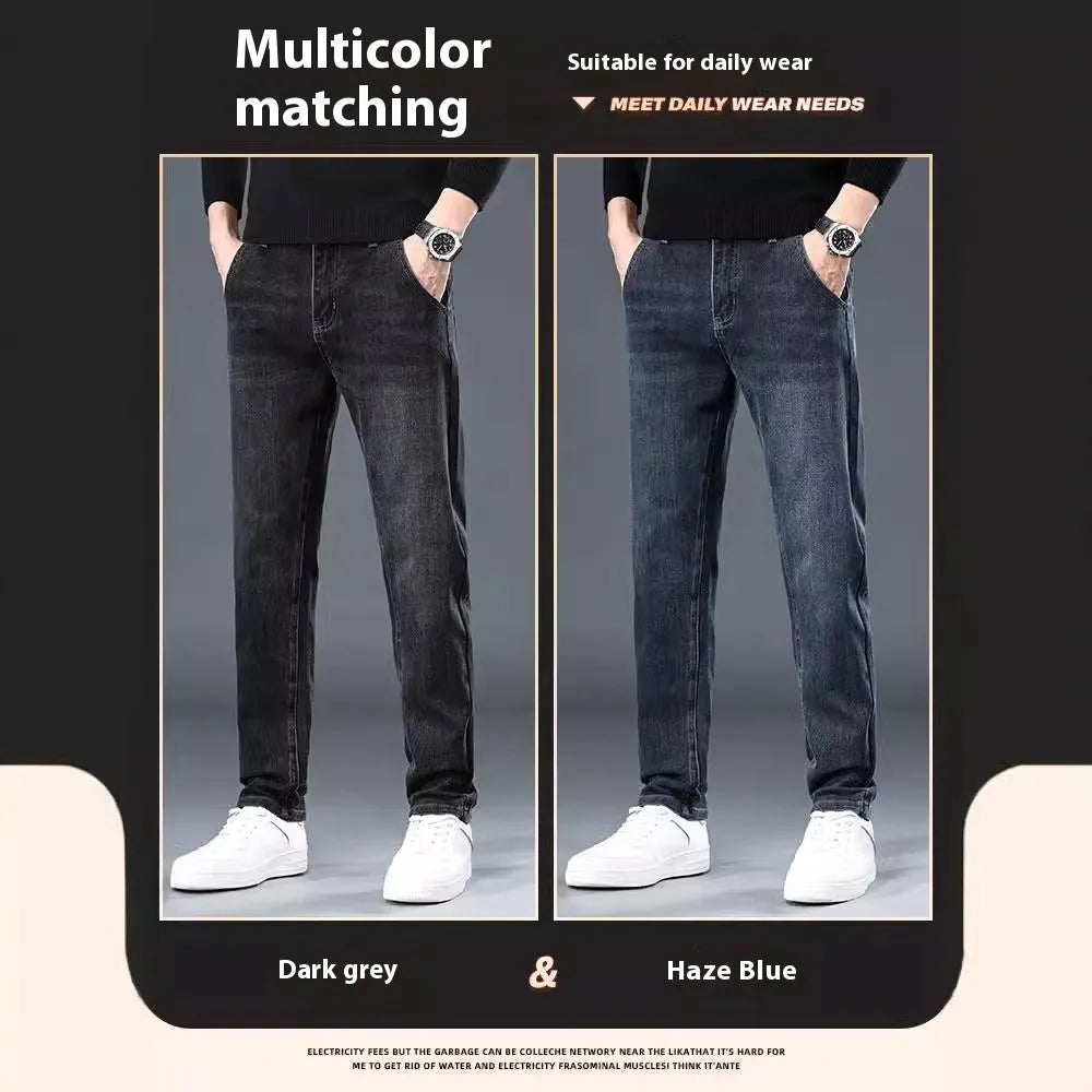 Men's slim straight casual trousers in polyester fabric with micro elasticity and zipper fly