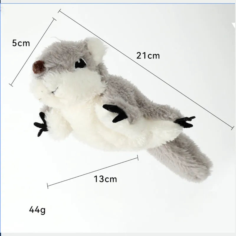Grey plush flapping squirrel cat toy with USB charging port