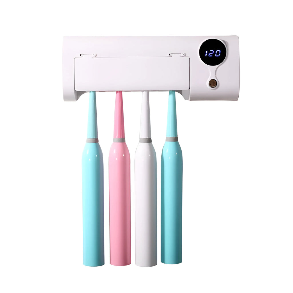 White wall-mounted smart toothbrush sterilizer with UV light and USB charging port