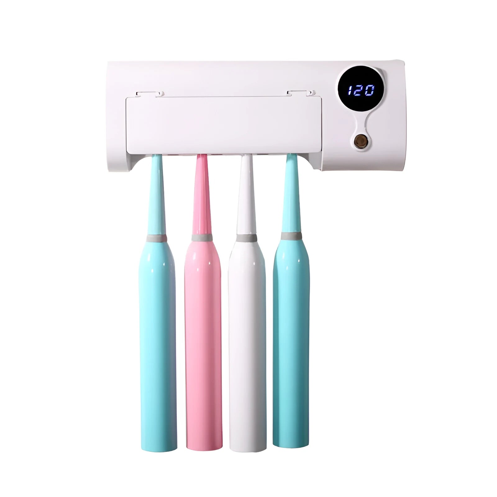 White wall-mounted smart toothbrush sterilizer with UV light and USB charging port