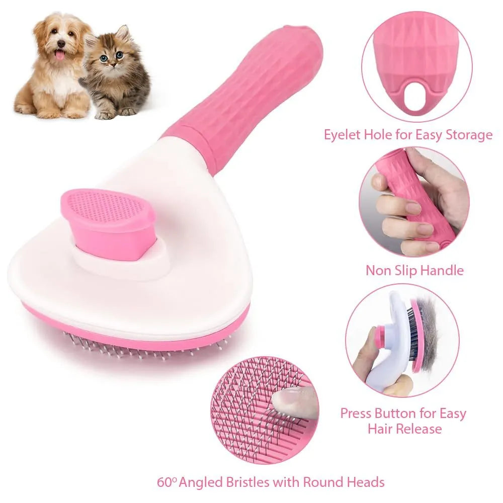 Cat grooming brush with release button in blue, grey, or pink colours for removing loose hair