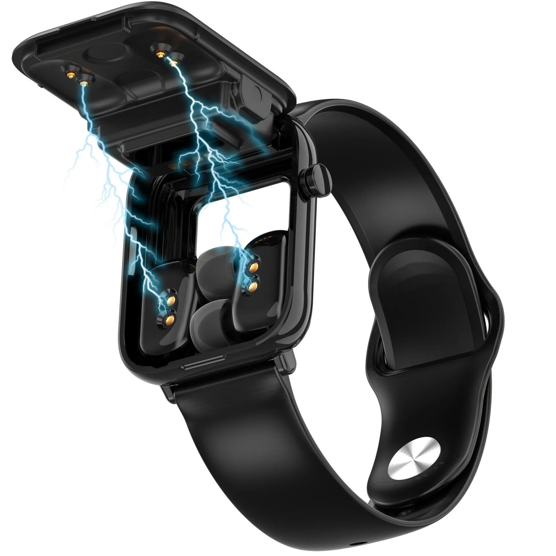 Black all-touch smartwatch with zinc alloy body and integrated Bluetooth earpieces on a wrist