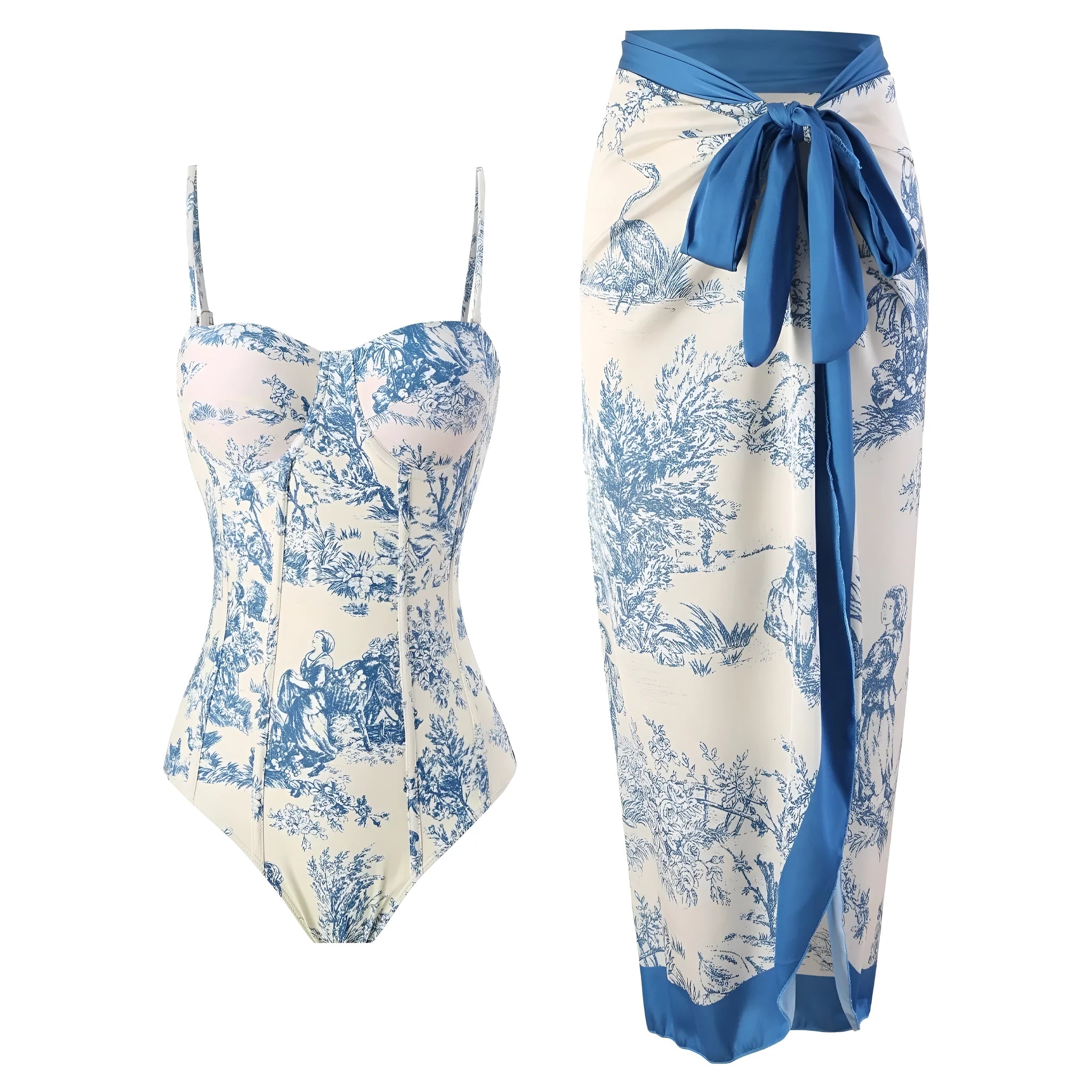 Blue patterned one-piece swimsuit for women with optional gauze skirt, shown on a model.