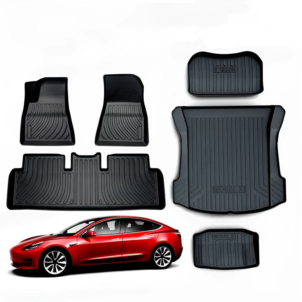 Rubber floor mats with TPE footrests designed for Tesla Model 3, Y, S, and X vehicles.