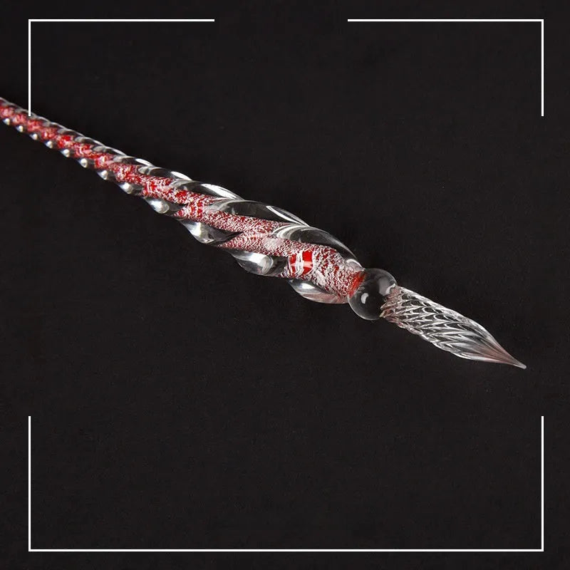 Crystal glass pen with coloured glaze dip art decoration showing transparent ink chamber