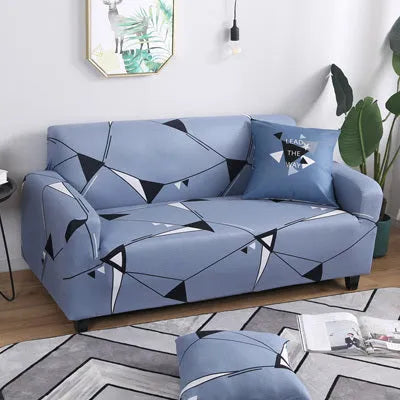 Geometric pattern stretch sofa slipcover fitted on a double seat sofa