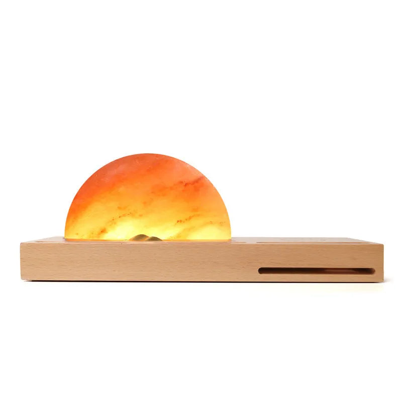 Sunrise Oriental wooden base table lamp with natural salt shade and built-in wireless phone charger.
