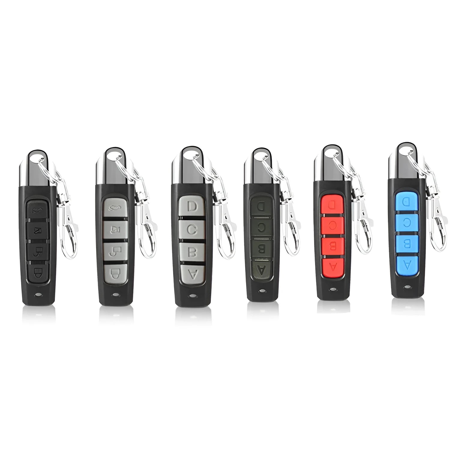 Rolling door remote control unit shown in black, with dimensions 6.7cm long.