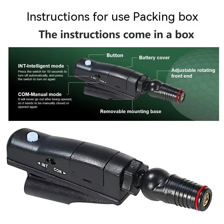 Golf putter laser aiming instrument accessory showing laser sight component with optional zipper box and tripod configurations
