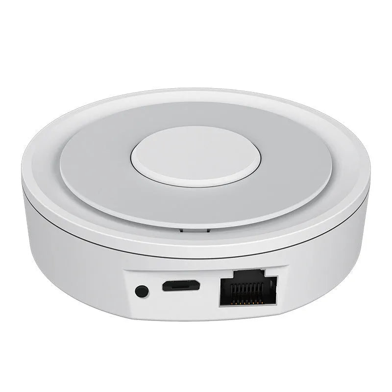 White ZigBee 3.0 wired gateway for smart home control measuring 78x78x25mm