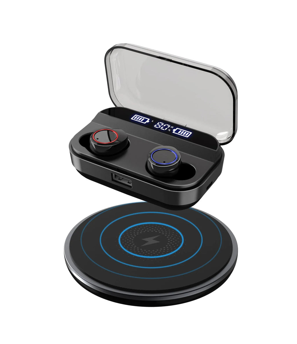 Black X11 Bluetooth wireless earbuds and charging case with six silicone ear sleeves.
