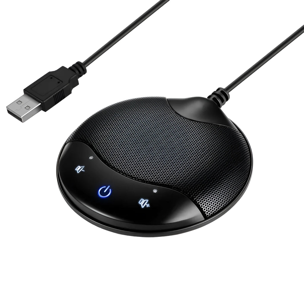 Black USB condenser microphone for conference calls and gaming with compact 9x9cm design