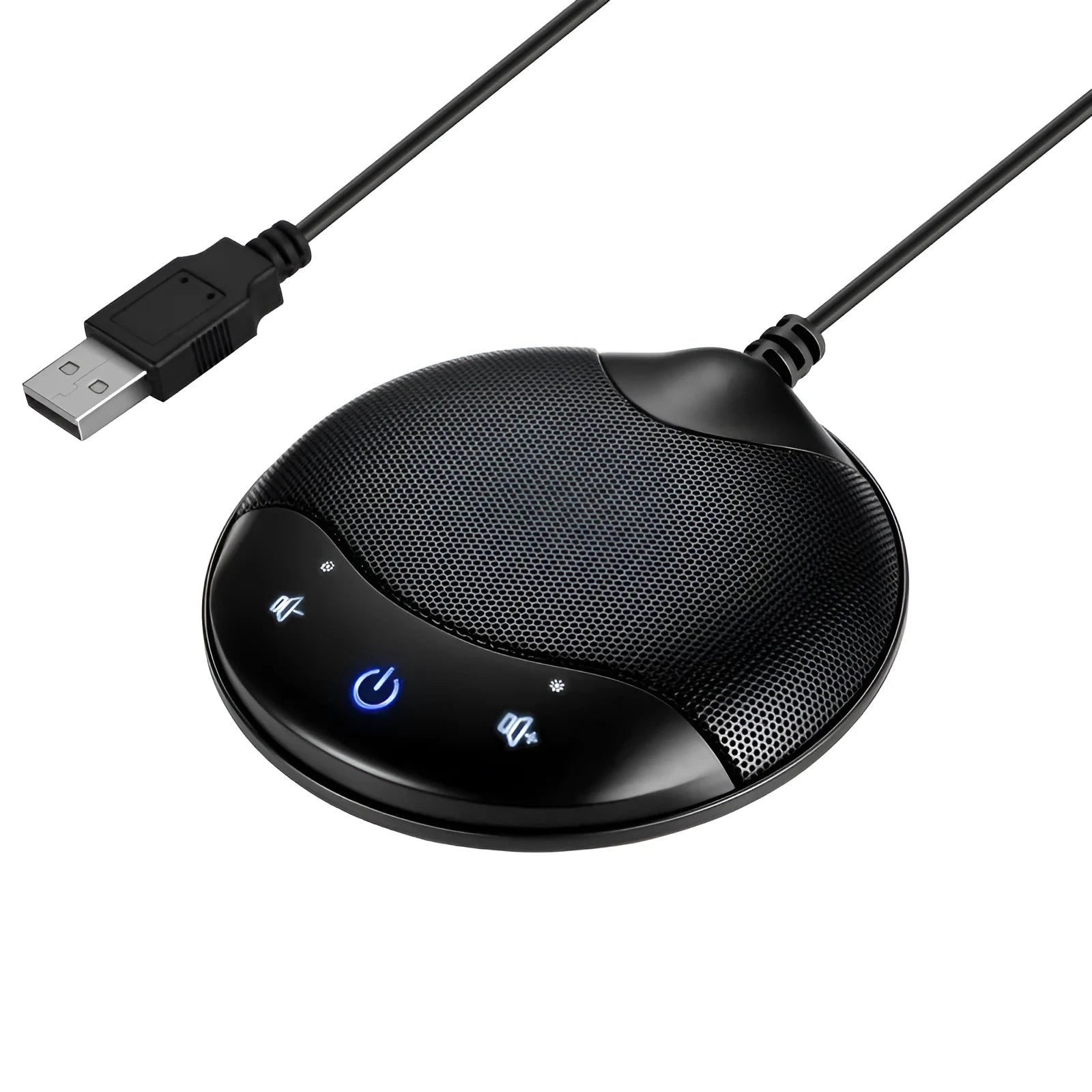 Black USB condenser microphone for conference calls and gaming with compact 9x9cm design