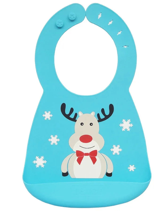 Waterproof silicone baby feeding bib with deep pocket in multiple colours, 28x21cm, on a white background