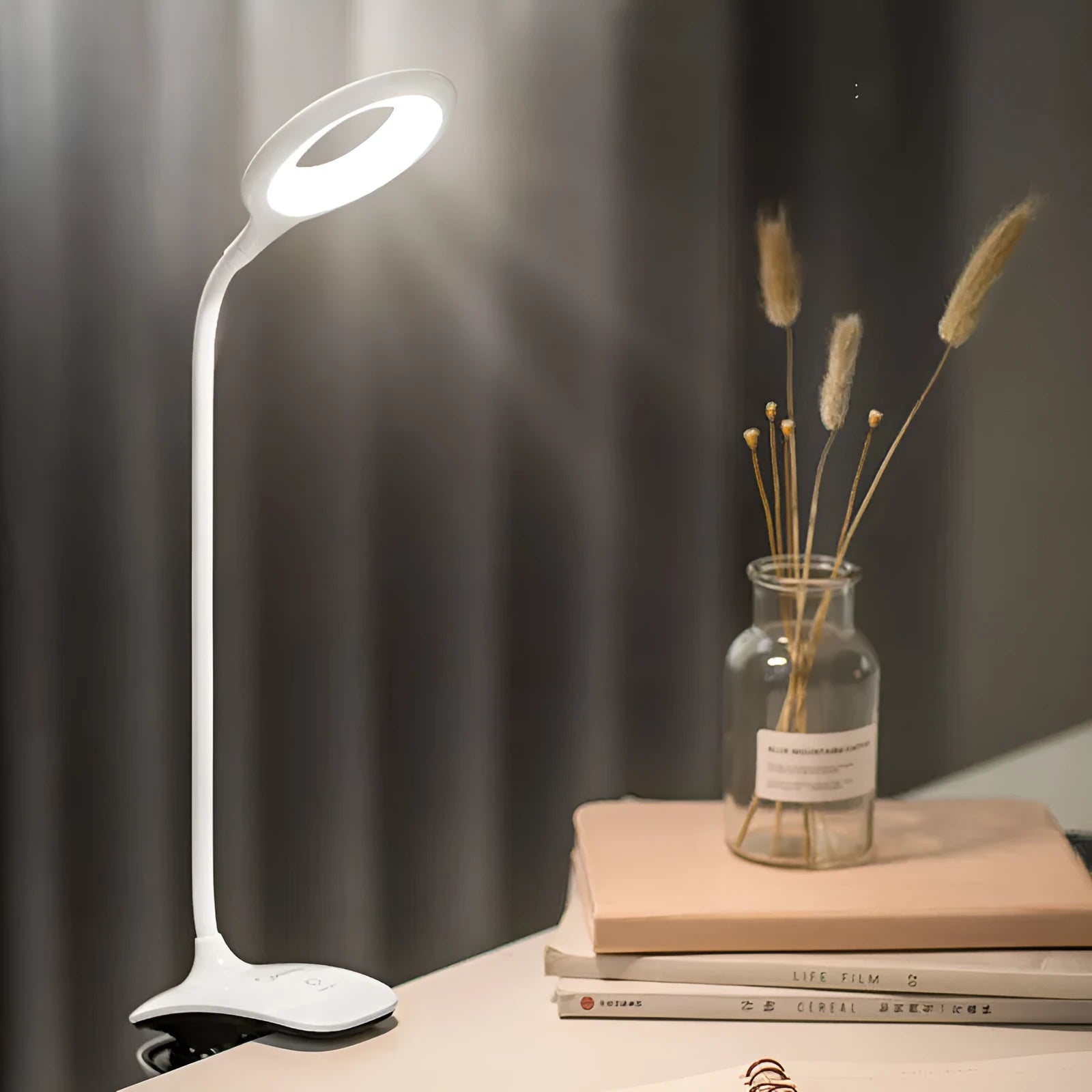Green, pink, and white rechargeable USB table lamps with touch switch on a desk.