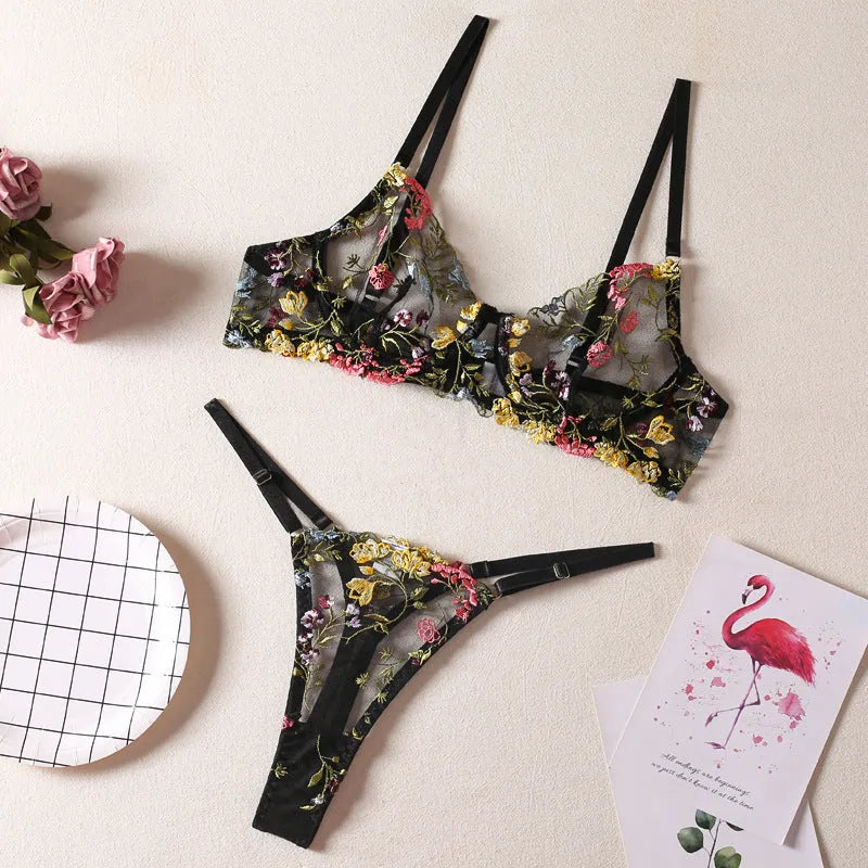 Floral pattern polyester mesh bra with steel ring T-back and matching brief in skin colour.
