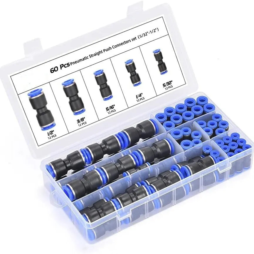 60-piece set of grey alloy plastic pneumatic push-in connectors with R1/4 and R1/2 threads