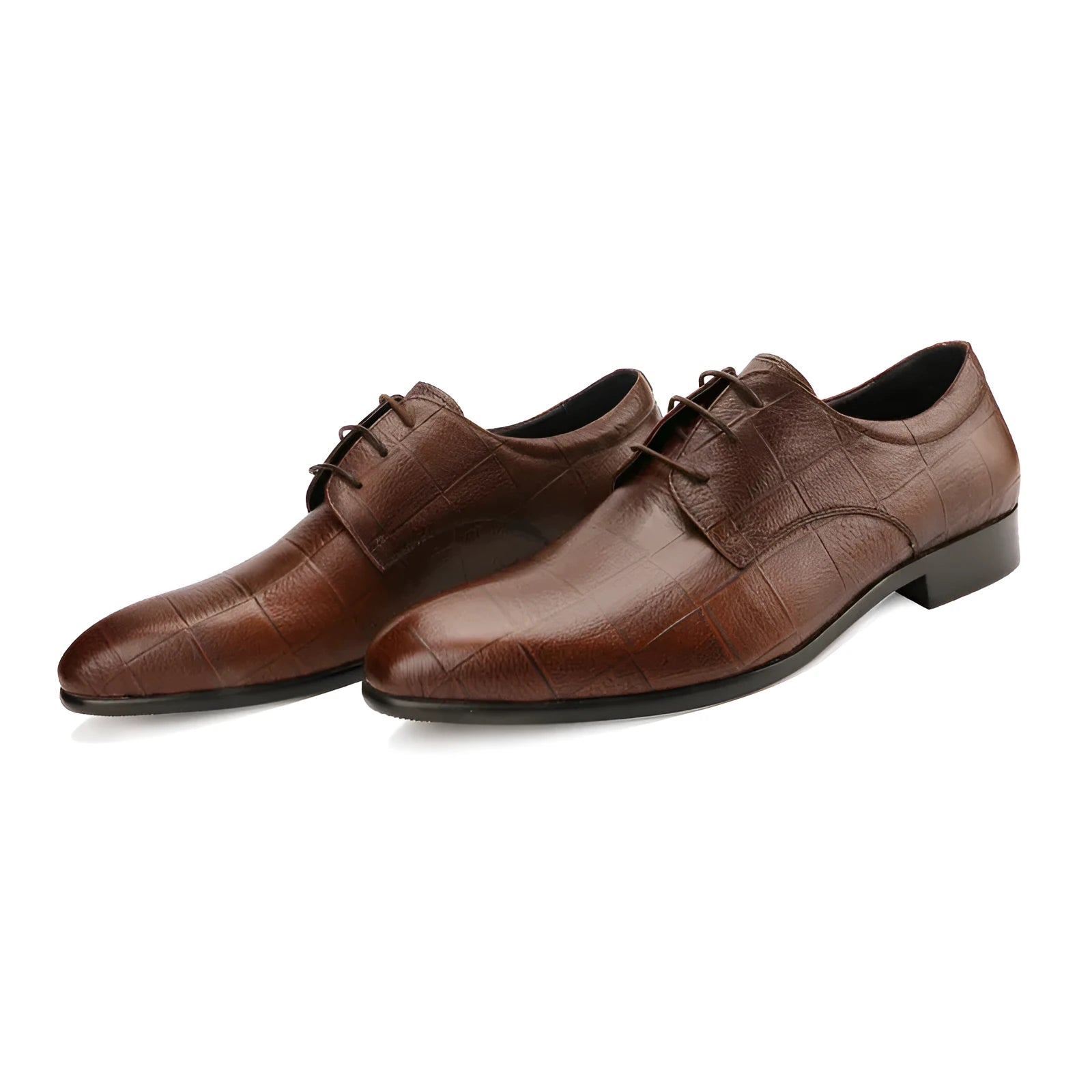 Men's black and brown checkered patterned cow leather derby shoes with pointed toe on a rubber sole.