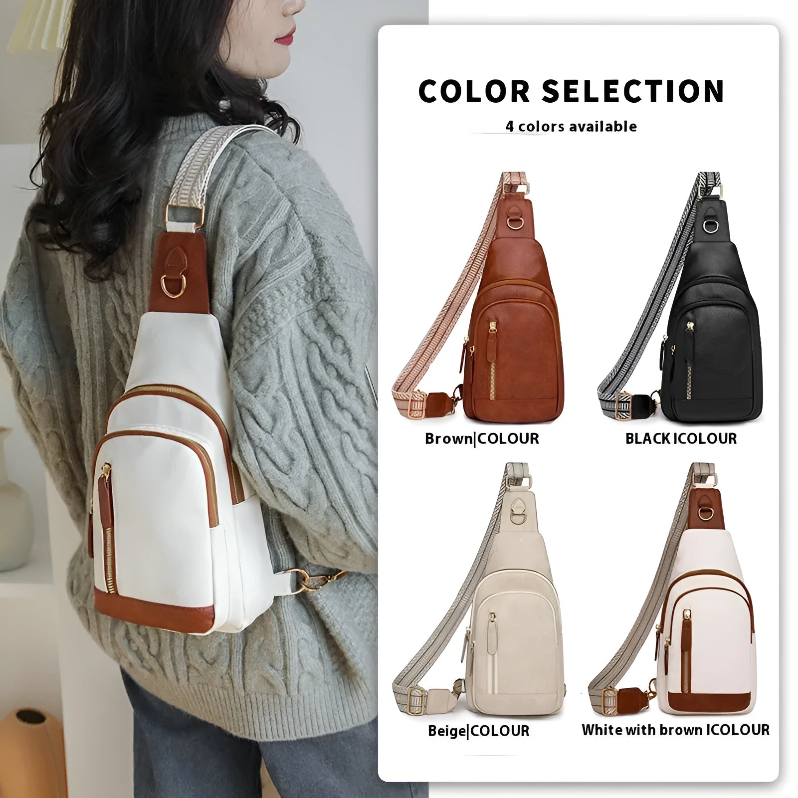 Women's soft PU chest bag in messenger style with crossbody strap and organised compartments