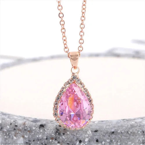 Women's rose gold rhinestone drop shape necklace with geometric design and alloy construction