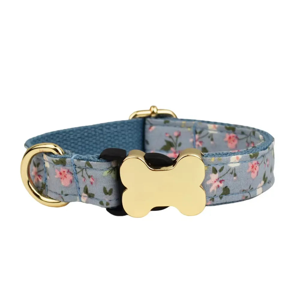 Flat fabric printed grid pattern nylon dog collar with adjustable bone buckle fastener