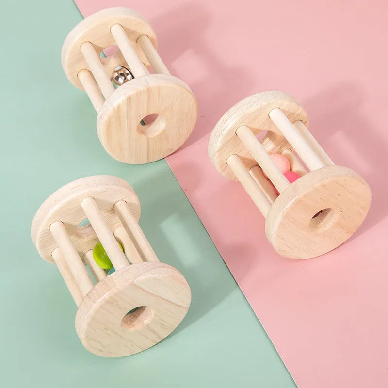 Wooden hand cranked bell educational rattle for toddlers