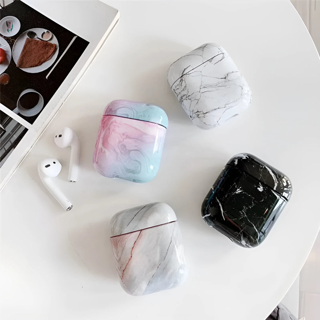 White marble hard PC protective case for AirPods 1 and 2 charging box.