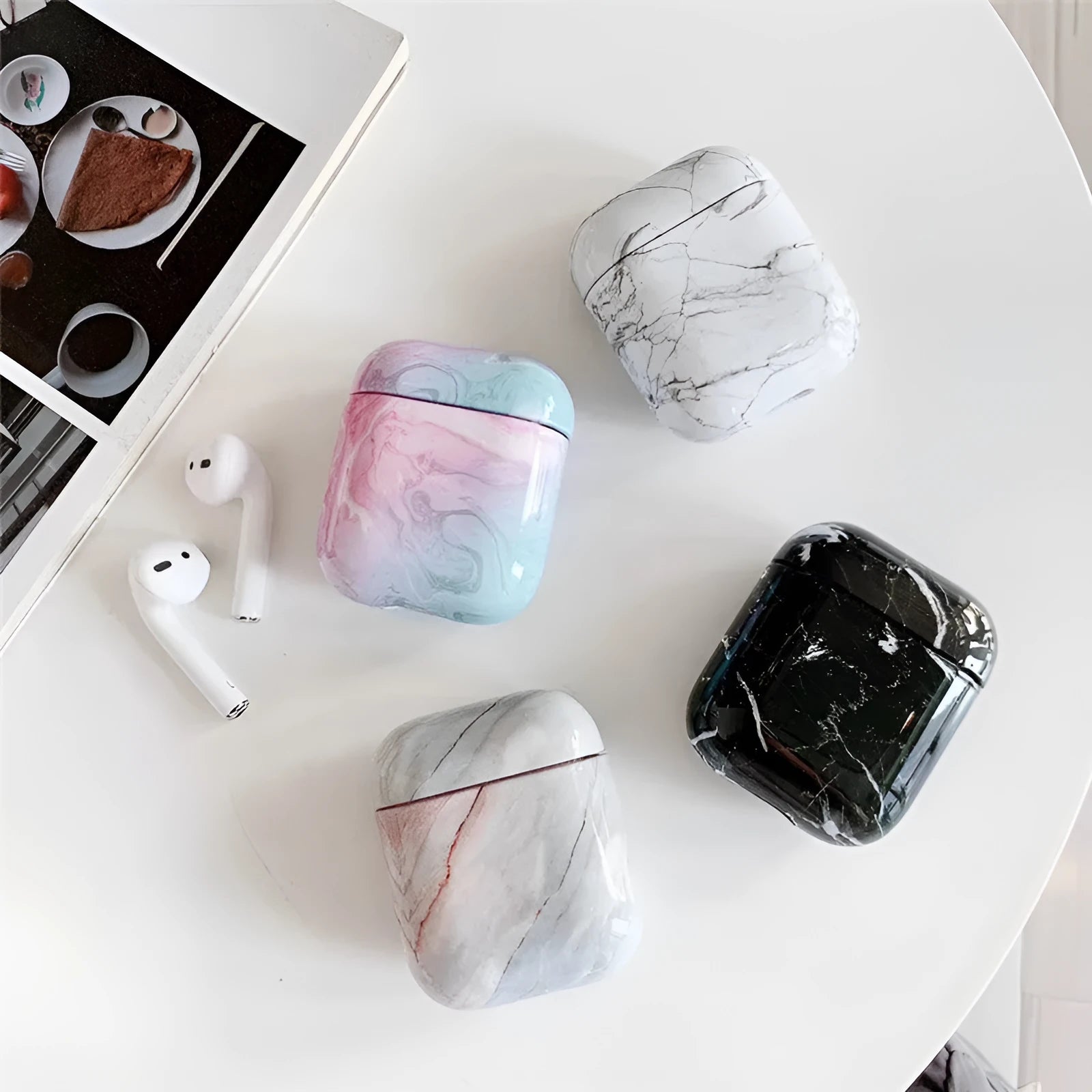 White marble hard PC protective case for AirPods 1 and 2 charging box.