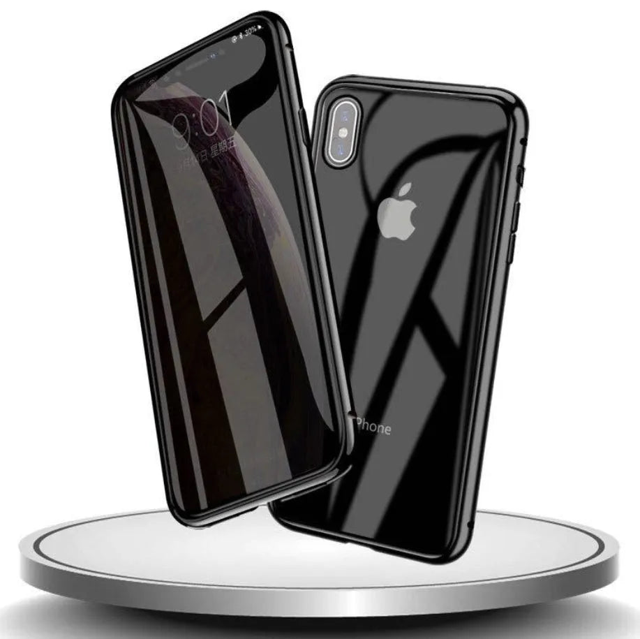 Geometric patterned glass clamshell privacy case for iPhone on a table.