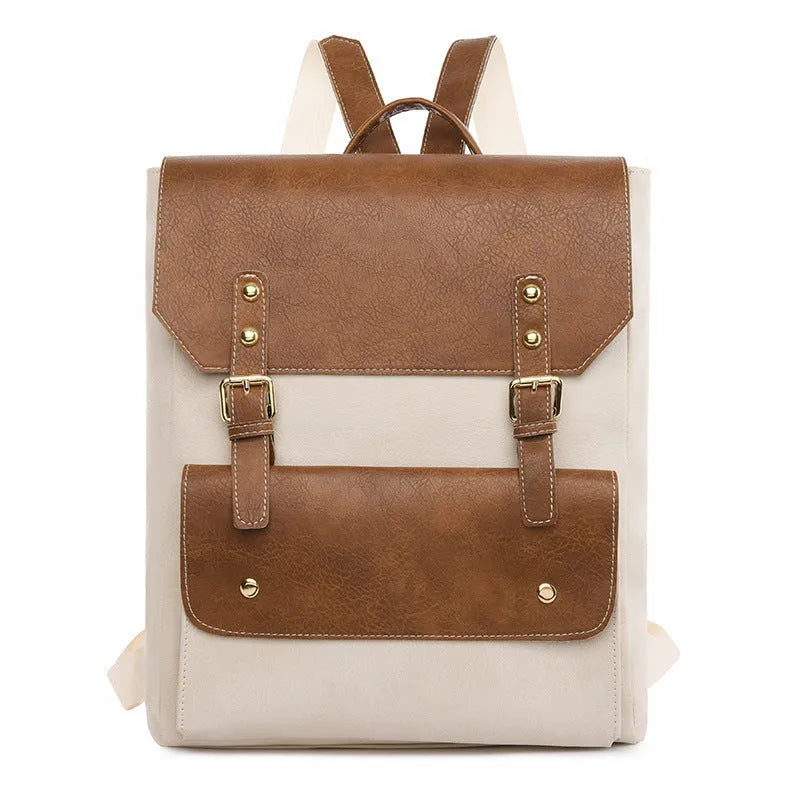 Korean style retro simple backpack in soft PU material, shown in one of four neutral colour options.