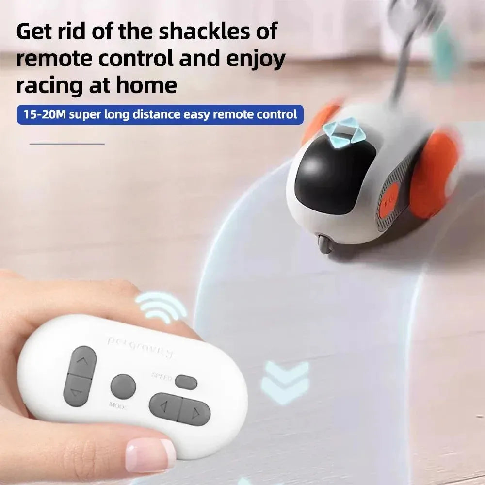 Blue smart cat toy car with feather teaser and remote control for interactive pet play