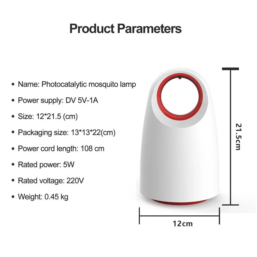Black or white household silent mosquito killer with USB cable, measuring 12x12x21.5cm