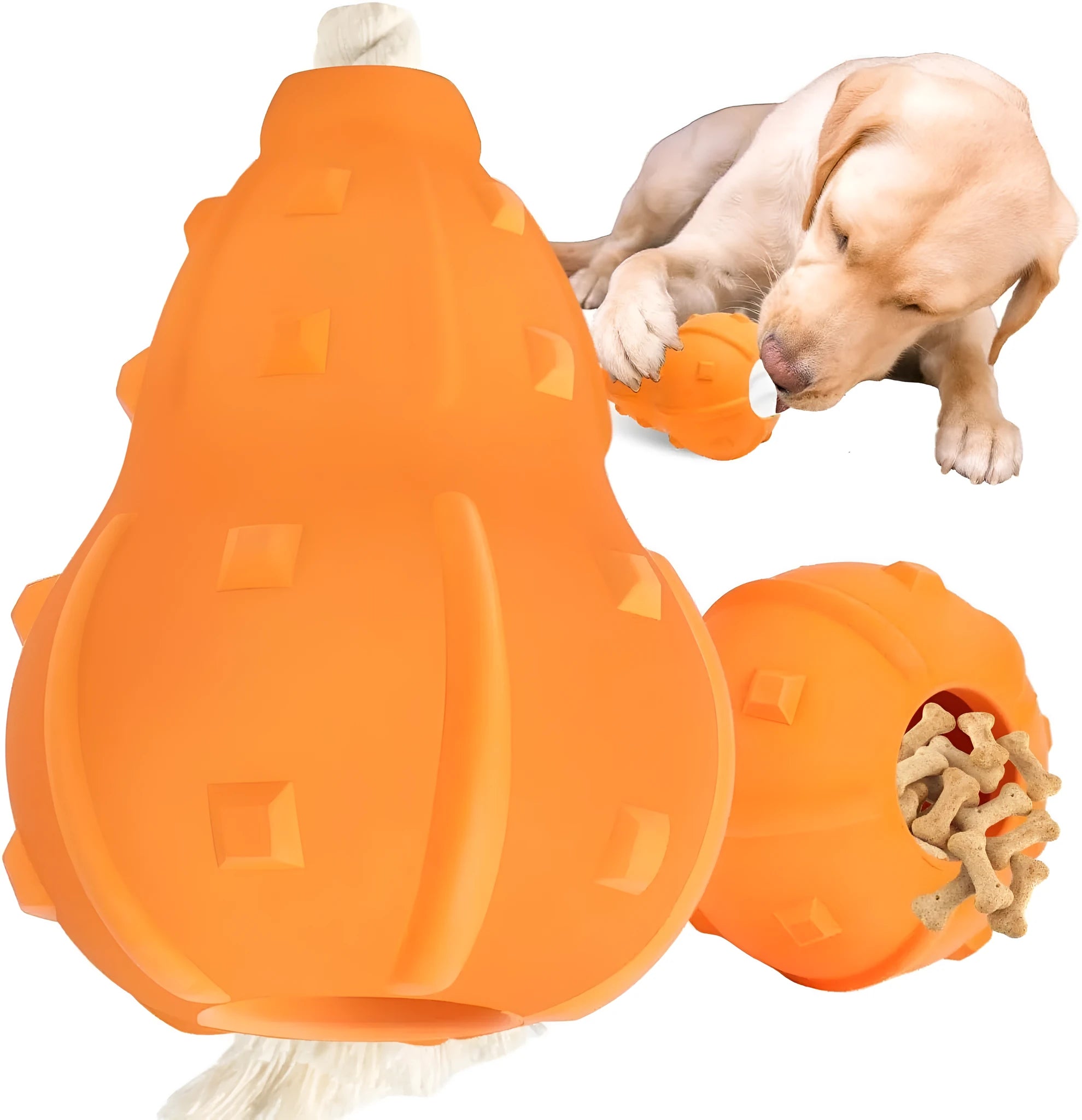 Natural rubber stuffable dog toy with treat dispenser measuring 30cm long